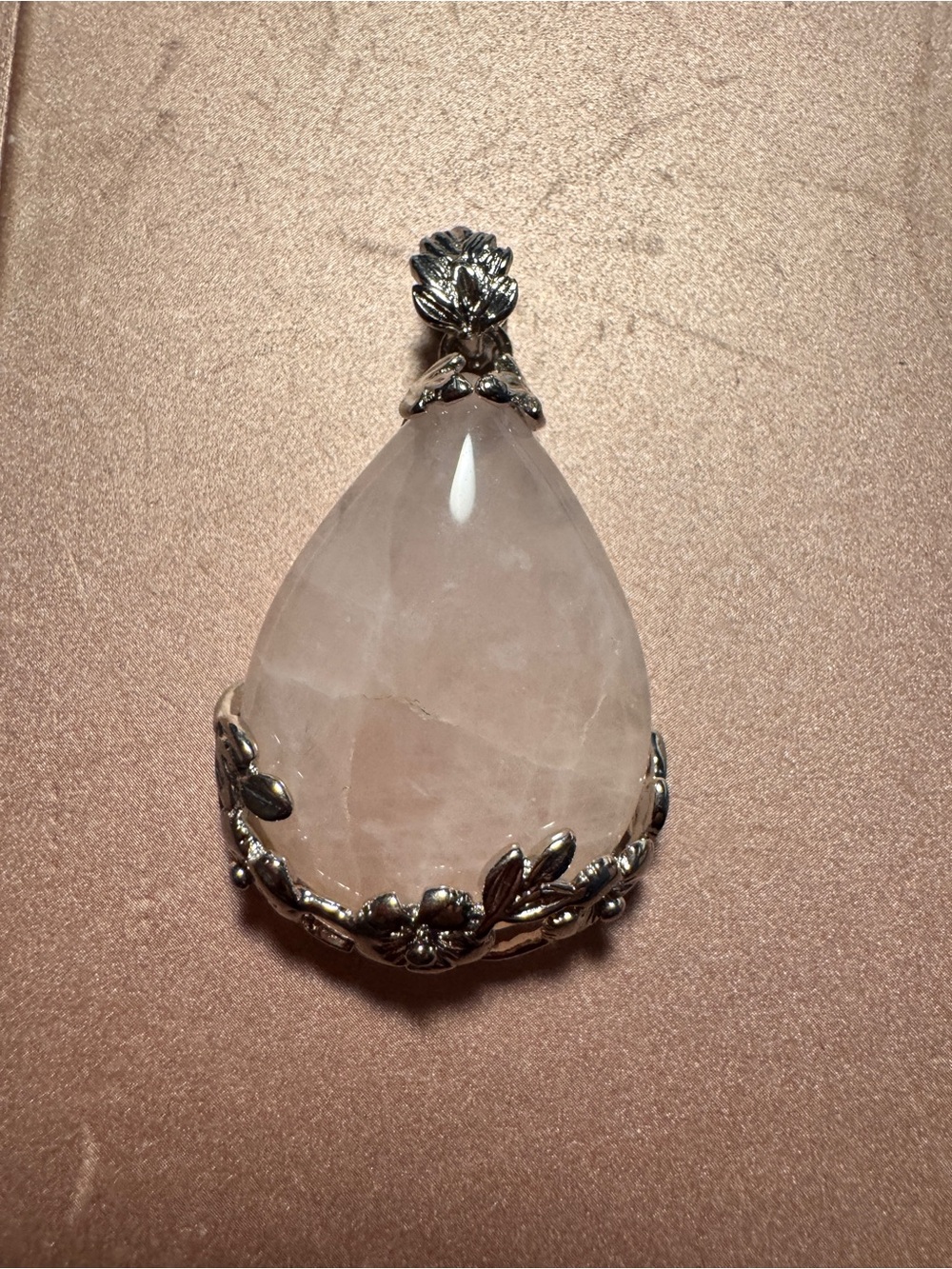 Rose Quartz Teardrop Pendant Necklace - 925 Sterling Silver Floral Setting